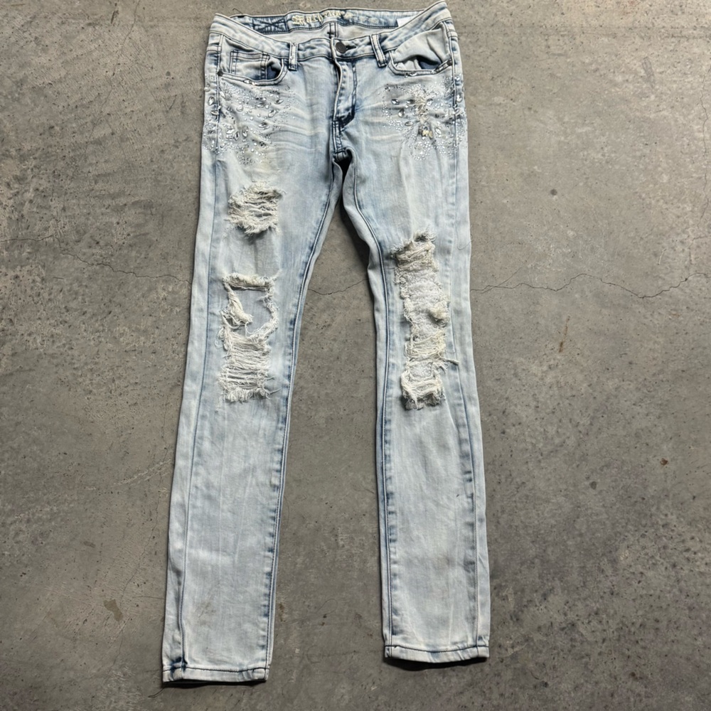 Machine Nouvelle Mode Distressed Rhinestone Denim‎ Jeans Streetwear Rap Y2k